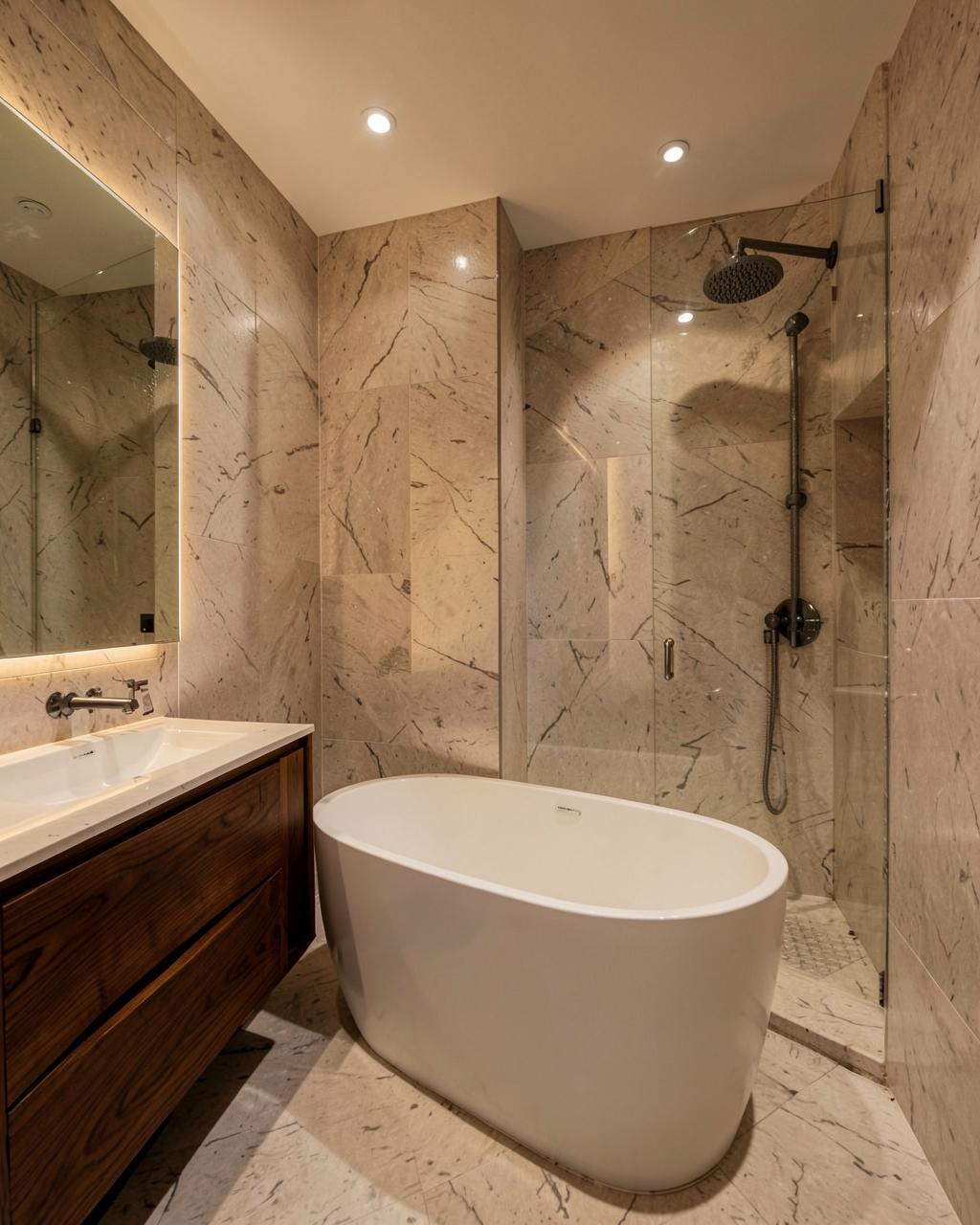 Contemporary — Honed marble and a freestanding tub