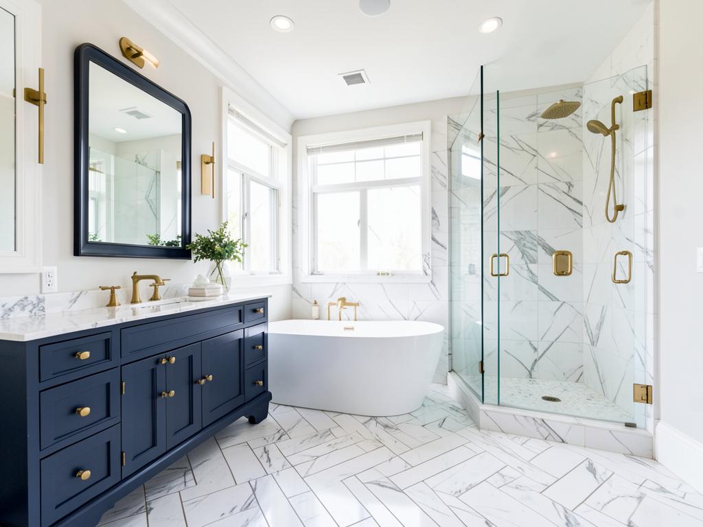 Transitional — Navy vanity, brass, herringbone marble
