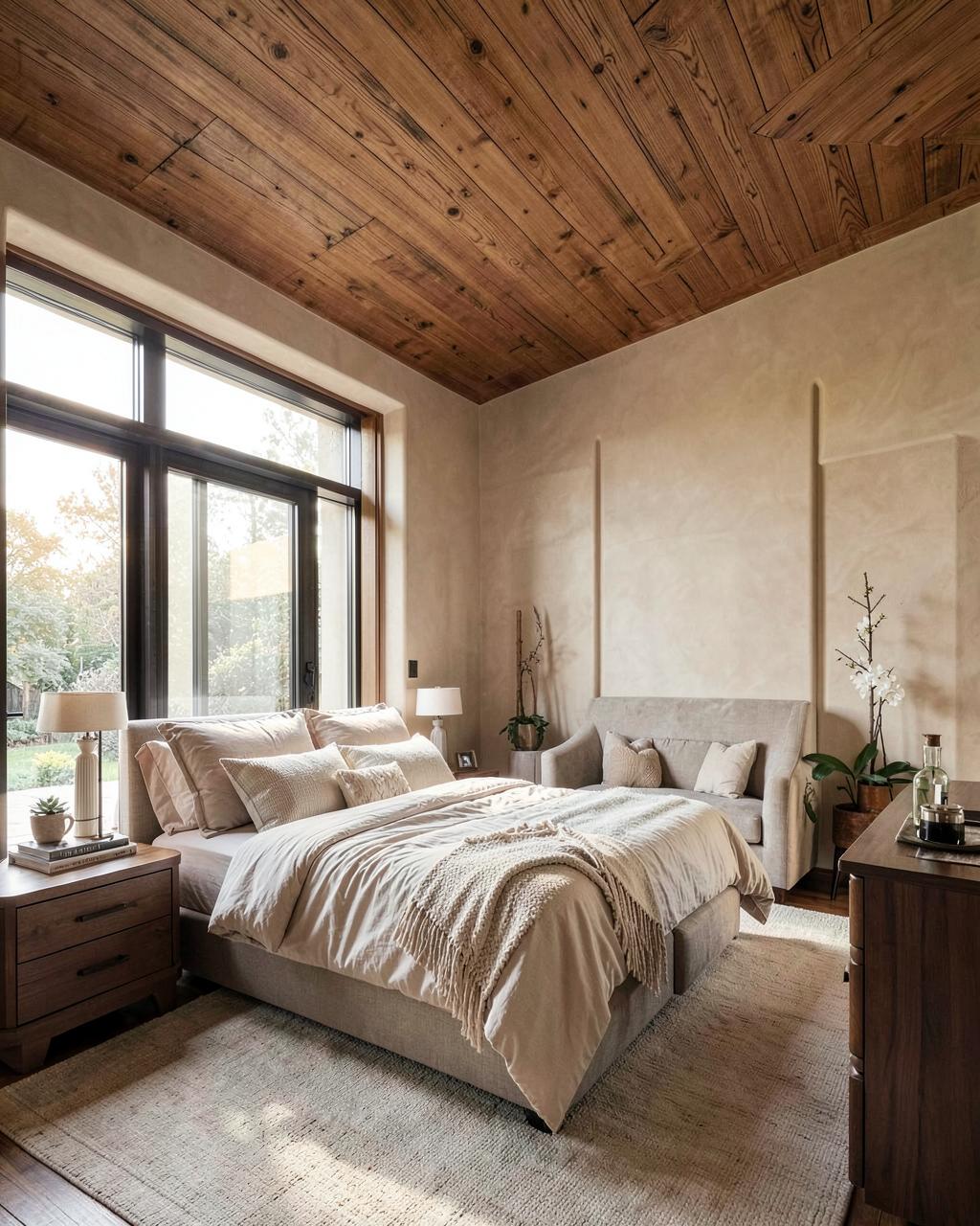 Organic Modern — Plaster walls, wood ceiling, morning light