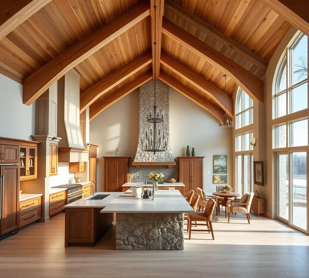 Traditional — Great room with white oak ceiling