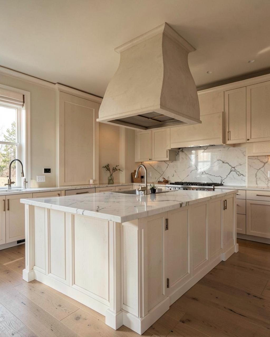 Transitional — Oak island, plaster hood, marble