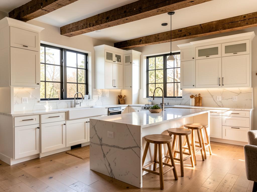 Modern Farmhouse — Reclaimed beams and a marble island