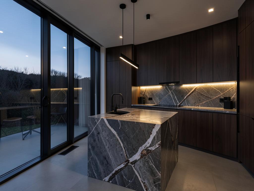 Contemporary — Walnut and dramatic stone at dusk