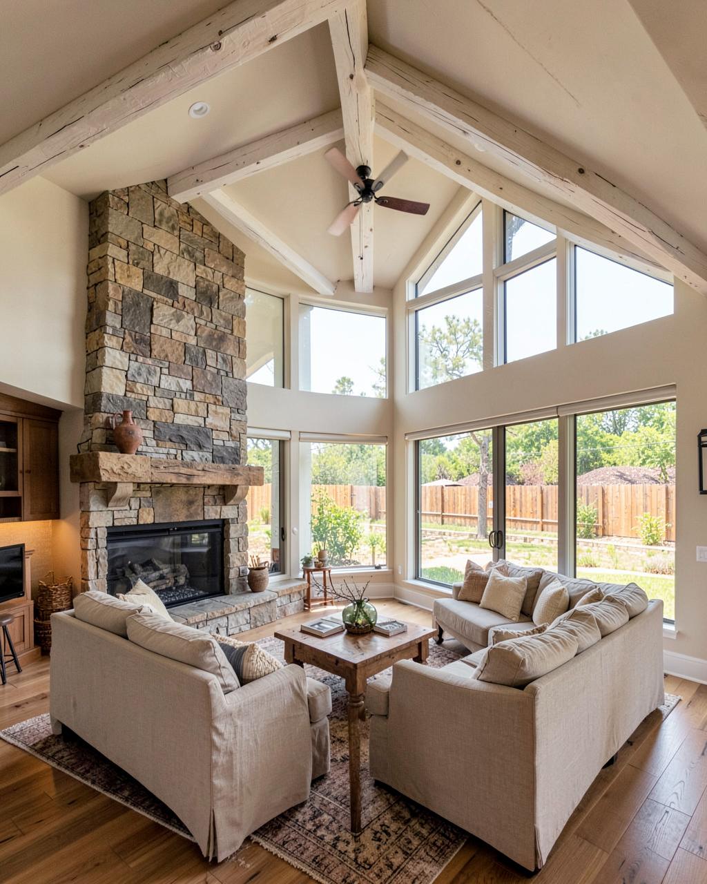 Modern Farmhouse — Vaulted beams and a stone fireplace