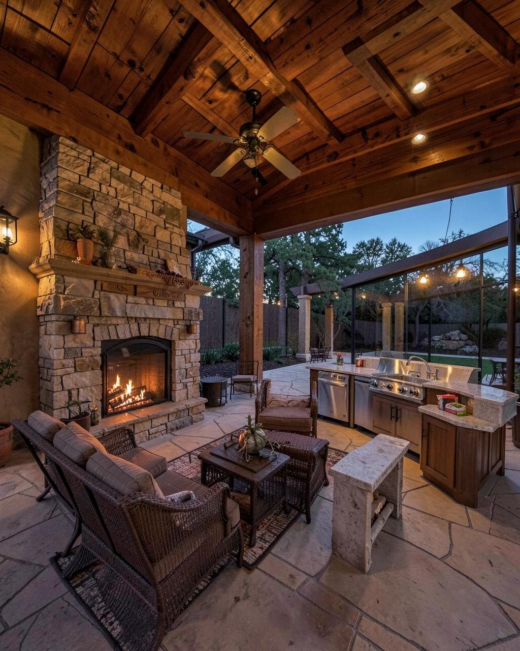 Traditional — Covered living with fireplace and kitchen