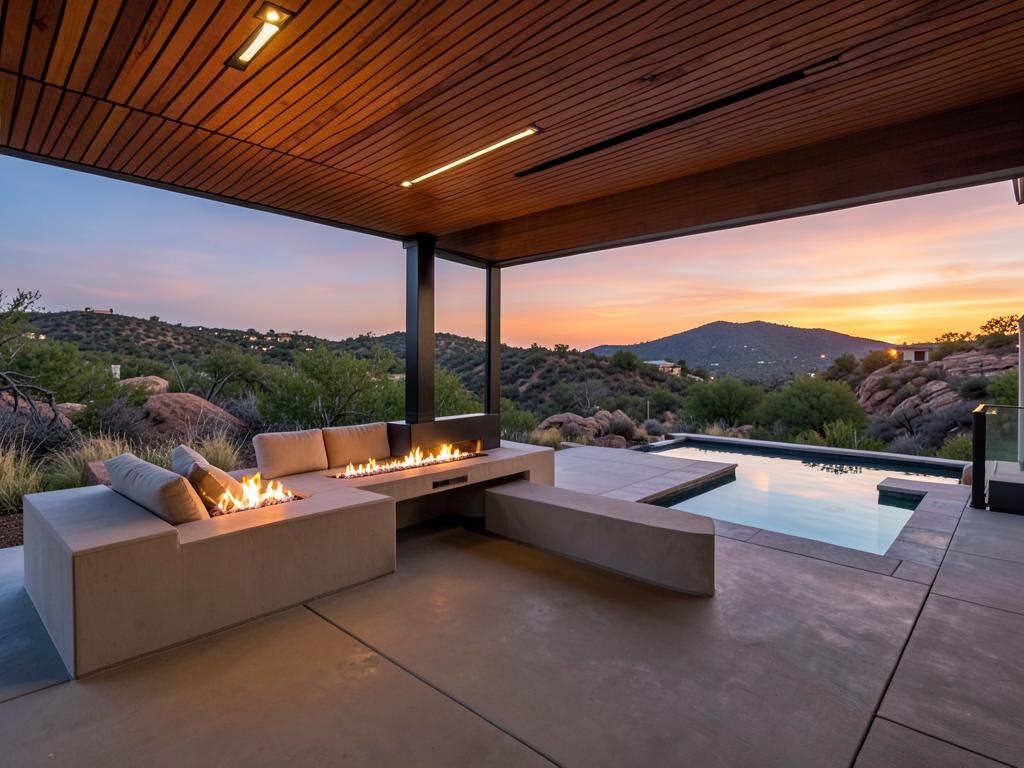 Modern — Fire feature and infinity edge at sunset