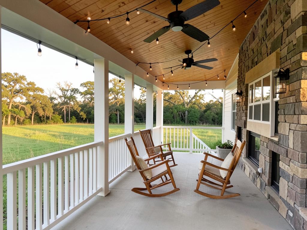 Modern Farmhouse — Back porch, string lights, open pasture